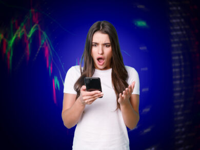 Shocked girl with chart background