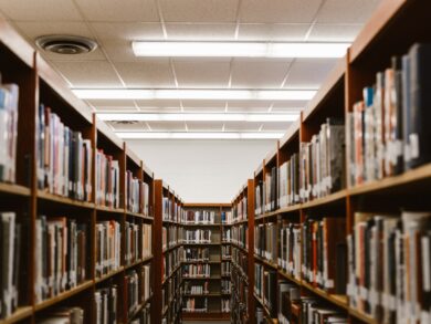 Rows of bookshelves in a library